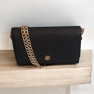 Tory Burch Black Saffiano Leather Robinson Chain Wallet /Clutch Purse with COA